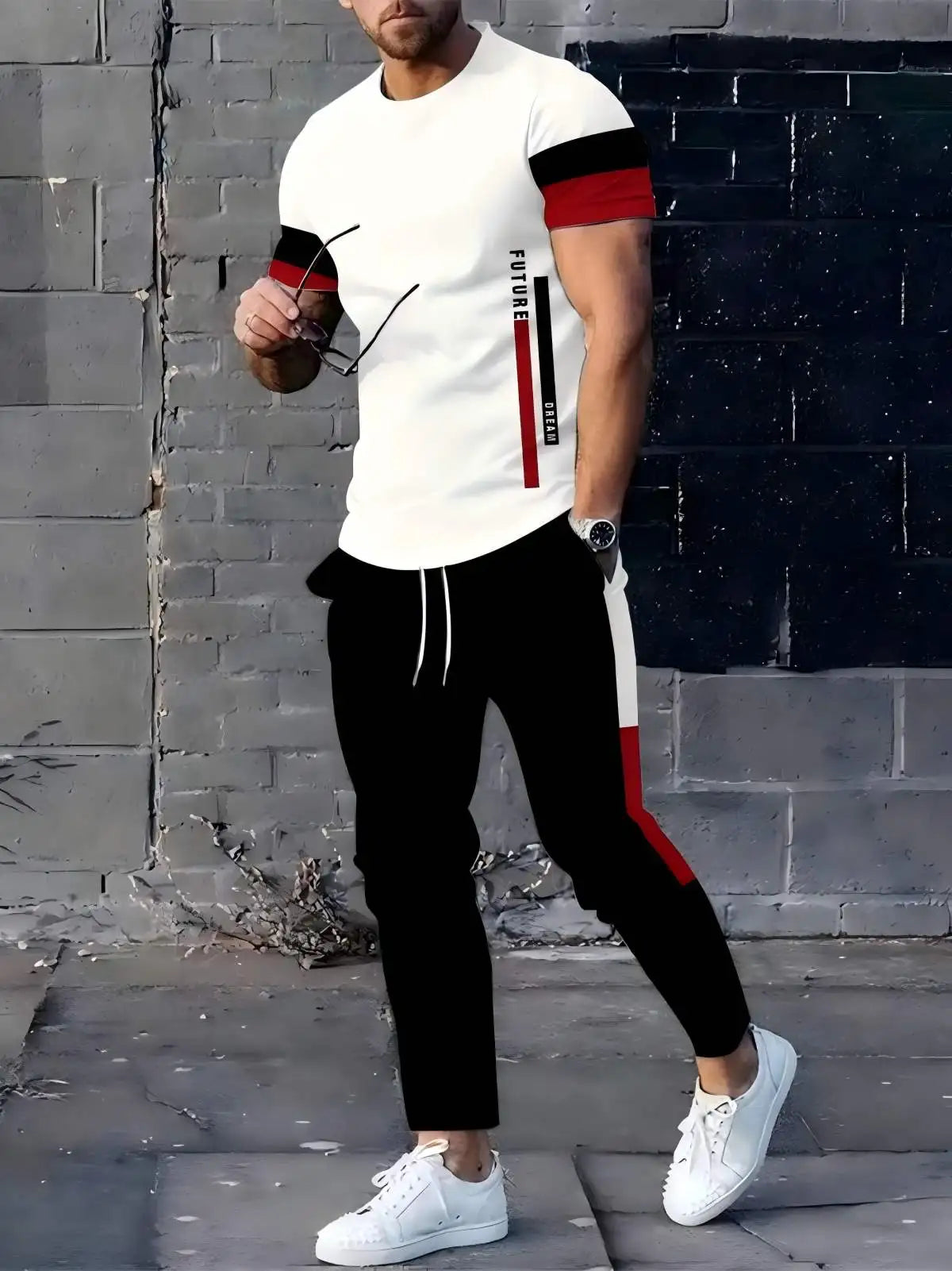 Men's summer new striped letter print round neck T-shirt pants set.