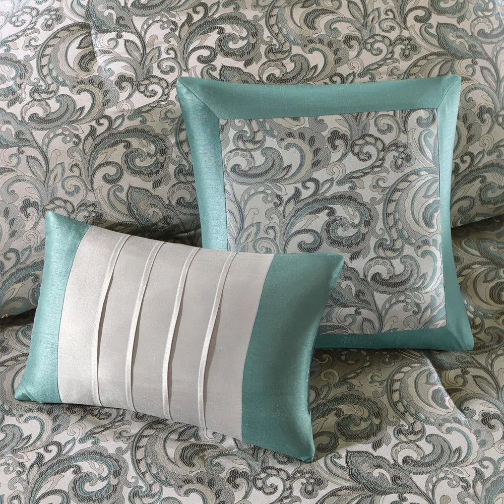 Madison Park Essentials Brystol 24-Piece Bedding Set, with Faux Silk Comforter and Jacquard Paisley Curtains.