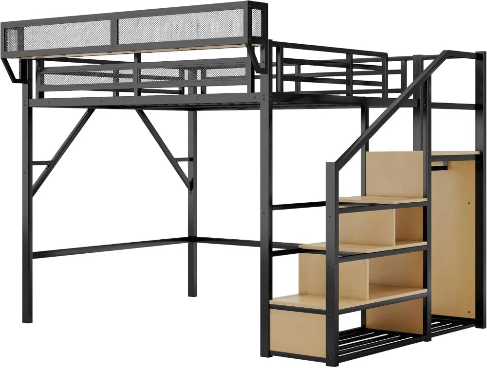 Queen Loft Bed with Staircase, Storage Shelves & Wardrobe, Metal Frame, Easy Assembly, Black