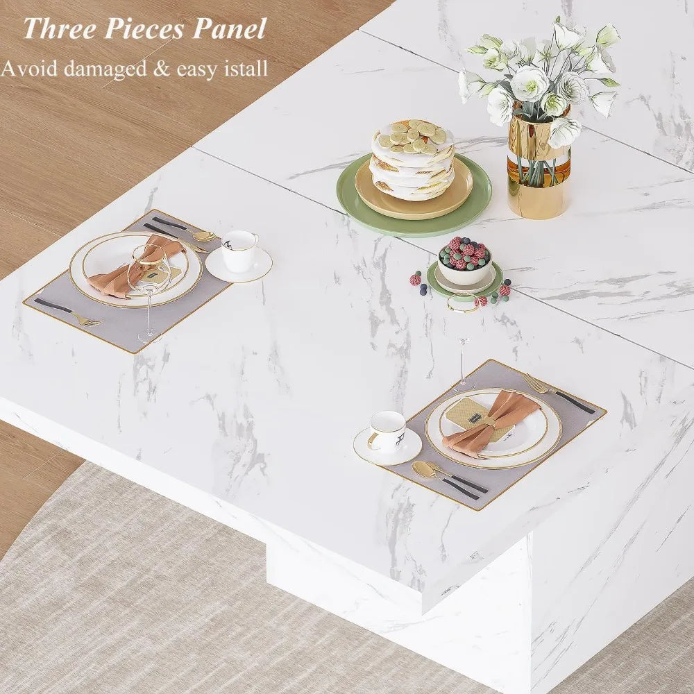 White Faux Marble Dining Table, 63 inch Modern Dinner Table for 6 People.