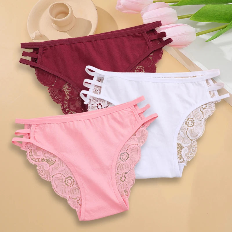 3PC/Set Women Sexy Floral Lace Panties, Low Rise Hollow Out Briefs, Transparent Female Elastic Straps Soft Lingerie.