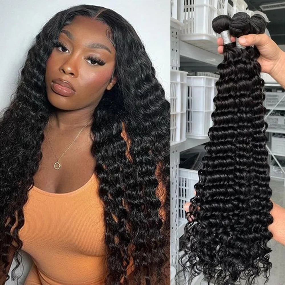 Queenlike Deep Wave Human Hair Bundles, 24 26 28 inch Deep Curly Bundles 100% Human Hair for Women, Brazilian Raw Hair Extensions.