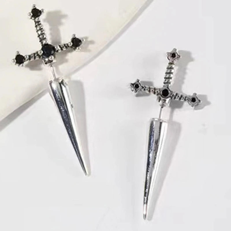 Hip Hop Cross Sword Stud Earrings For Women, Classic black Crystal Stone Silver Ox Gold.