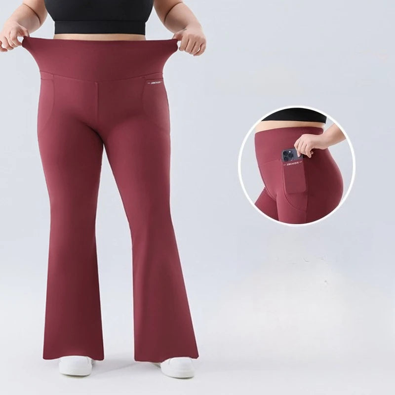 Plus Size Fit Yoga Flared Trousers, Seamless, Two Sides Pocket Leggings High Waist Push Up Butt Training Leggings.