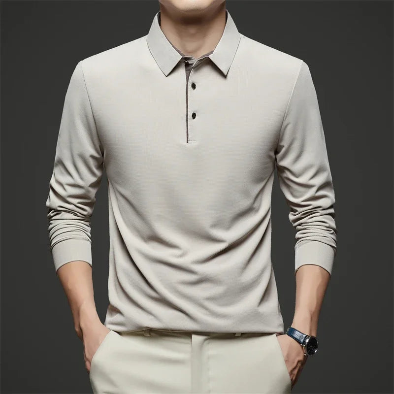 New Men Business Casual Long Sleeve Solid Color Polo Shirt, Fashionable Warm Comfortable Four Seasons.