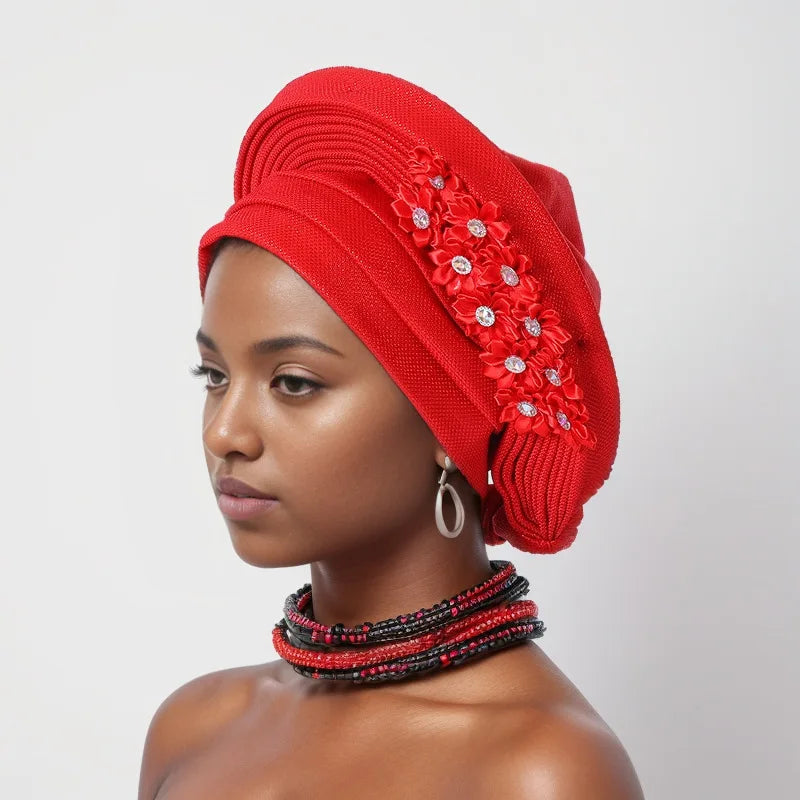 Red Multi-Layered, Turban Hat African Fan Shaped Head Wraps ,Pleated Headwear With Crystal.