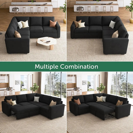 L-Shaped Sleeper Sofa with Pull Out Bed, Velvet Sectional with Storage, Black.