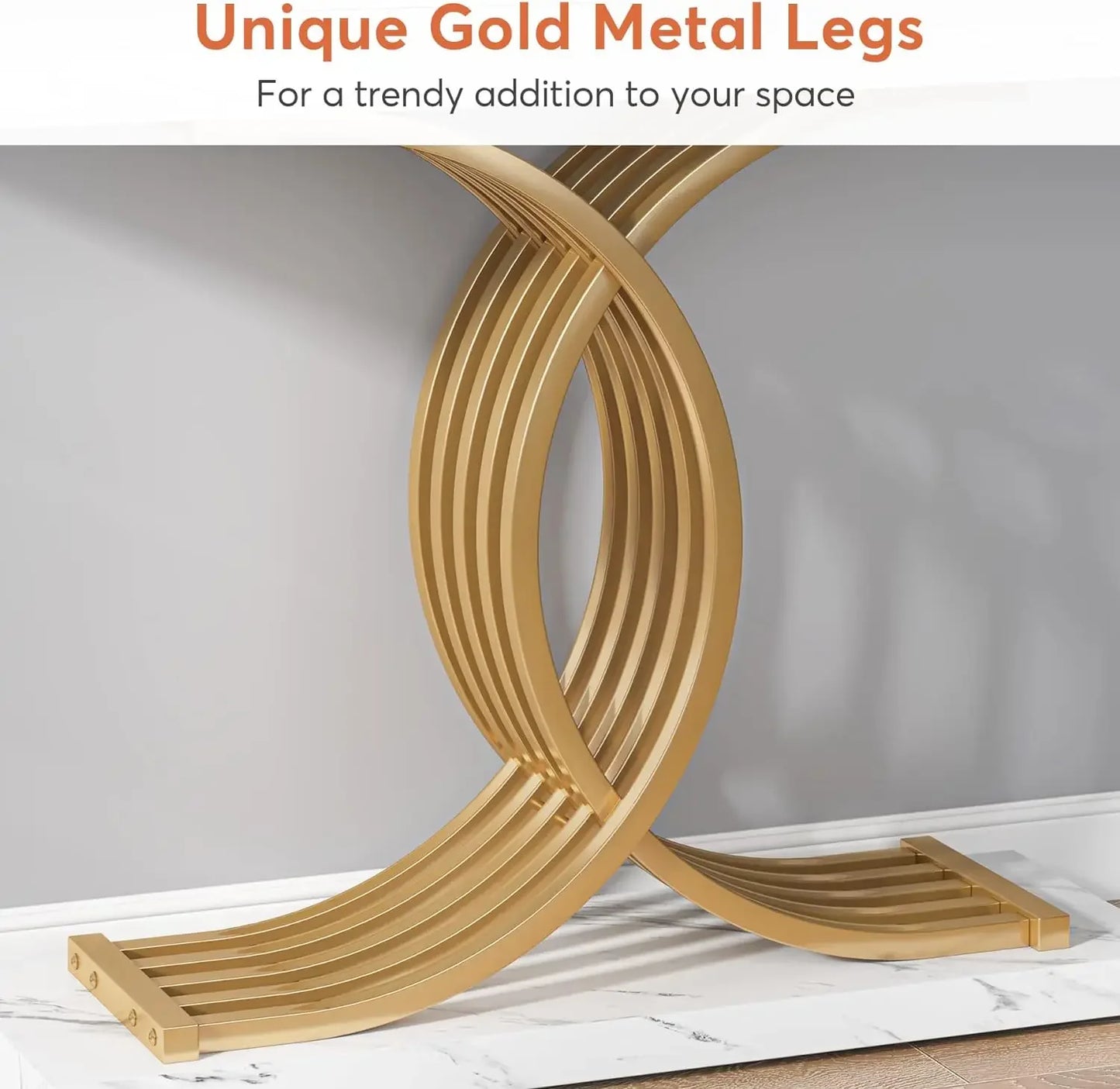 Gold Entryway Table, Modern 39-Inch Console Faux Marble Metal Legs.