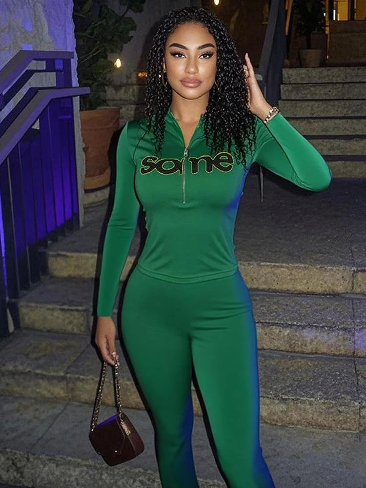 Casual Sporty Women 2 Piece Set, Fashion Basic Letter Print, Zip-up Full Sleeve Tops+ Pants Female Tracksuits.