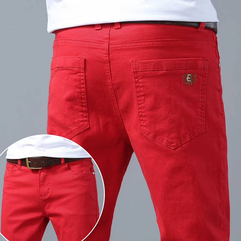 Men Fashion Classic Jeans Solid Color  Streetwear Trousers Stretch Slim-fit