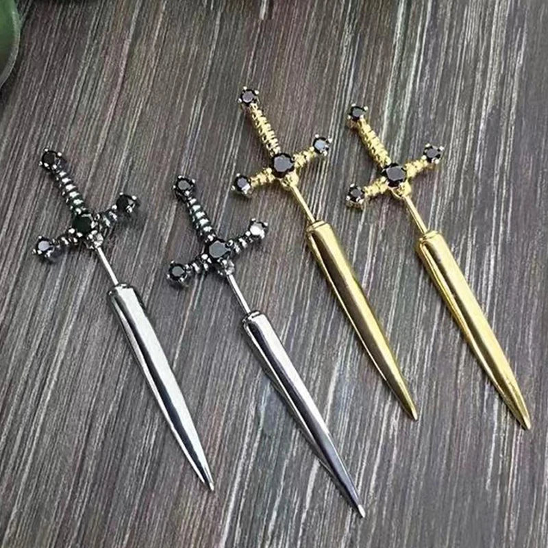 Hip Hop Cross Sword Stud Earrings For Women, Classic black Crystal Stone Silver Ox Gold.