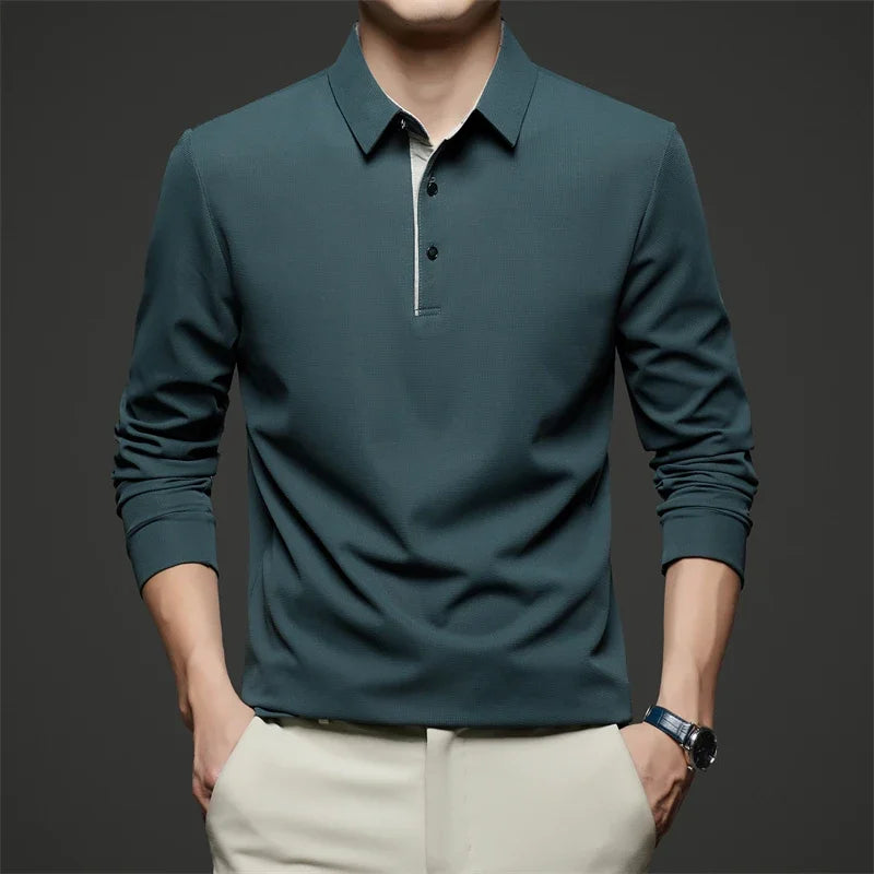 New Men Business Casual Long Sleeve Solid Color Polo Shirt, Fashionable Warm Comfortable Four Seasons.