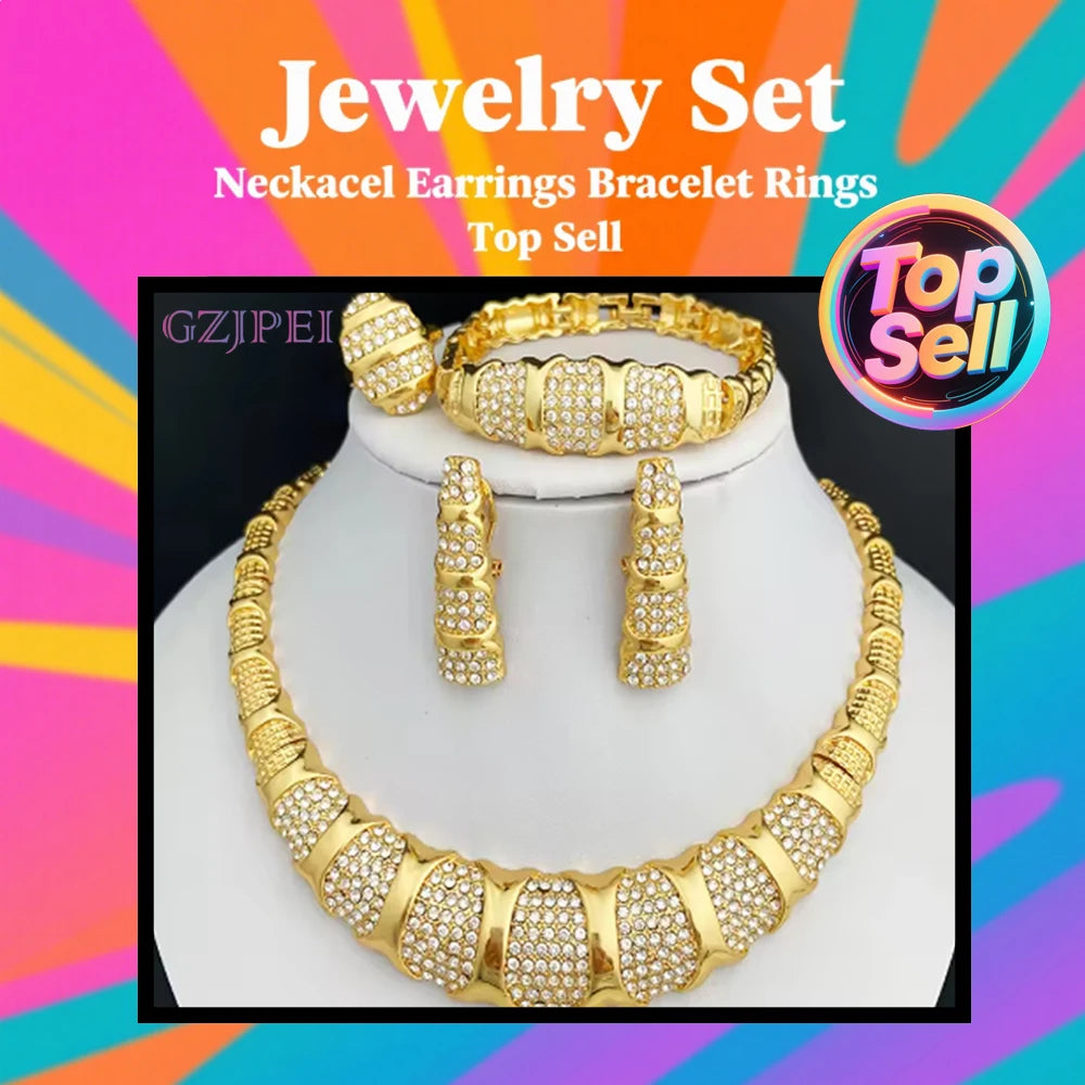 Jewelry Set For Women 18K Gold Plated Luxury Necklace, Earrings, Bracelet, And Ring Set