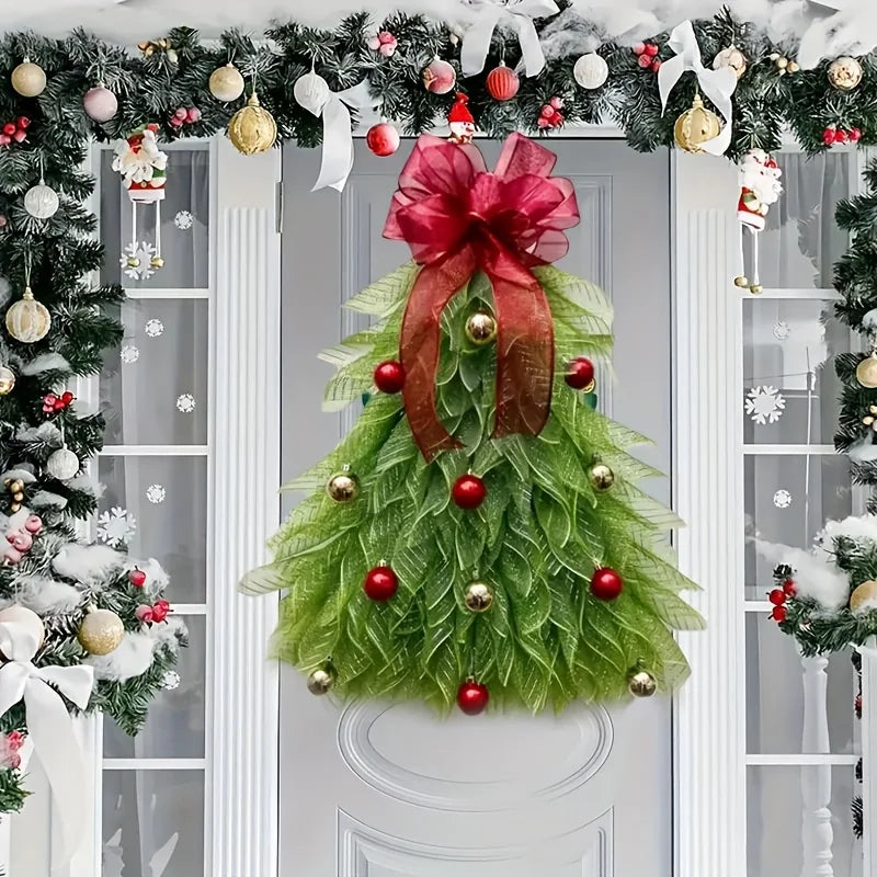 Elegant Door Decoration Red Ribbon ,Greenery & Golden Balls ,Easy Hang