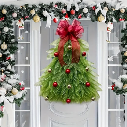Elegant Door Decoration Red Ribbon ,Greenery & Golden Balls ,Easy Hang
