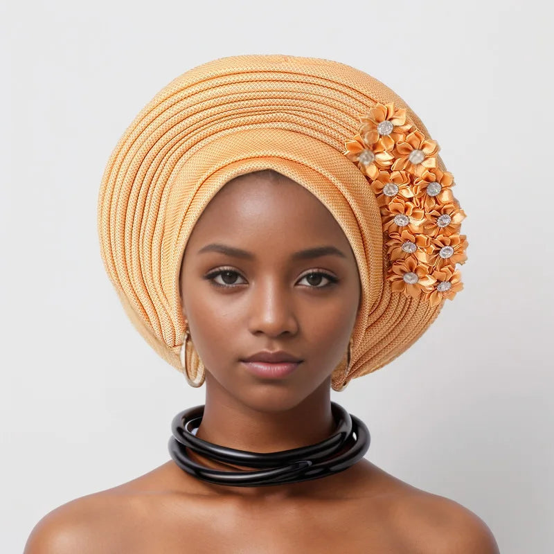 Red Multi-Layered, Turban Hat African Fan Shaped Head Wraps ,Pleated Headwear With Crystal.