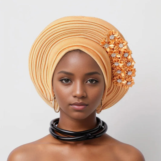 Red Multi-Layered, Turban Hat African Fan Shaped Head Wraps ,Pleated Headwear With Crystal.