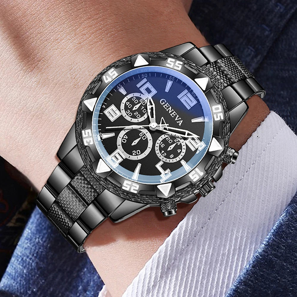 3PCS Men's Watch Set, Business Trend Versatile Digital Scale Circular Dial, Quartz Watch.