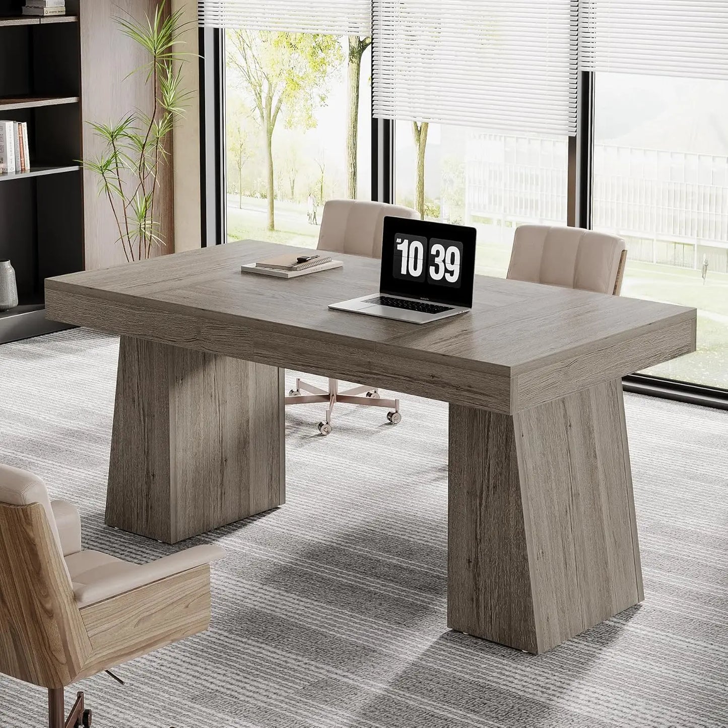 Executive Desk, Modern Home Office Desk with Trapezoid Base, Wood Computer Desk Workstation Small Conference Table.