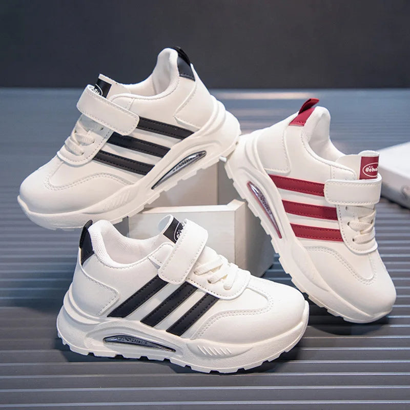 2026 New Spring Fall Sport Shoes for Boys, Fashion Patchwork Stripes Sneakers for Girls, Black, Khaki, Gray Kids Trainers.