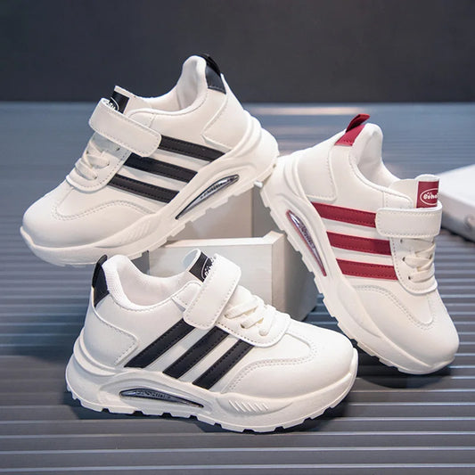 2026 New Spring Fall Sport Shoes for Boys, Fashion Patchwork Stripes Sneakers for Girls, Black, Khaki, Gray Kids Trainers.