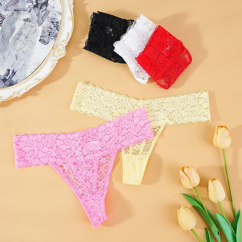 3PCS Lace Floral Women Panties ,Low Waist Breathable Briefs Female Thong Underwear M-2XL Sexy G-String Transparent Panty.