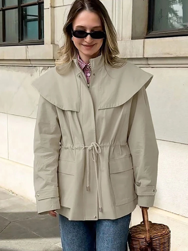 Women's Khaki  Drawstring Utility Style Jacket