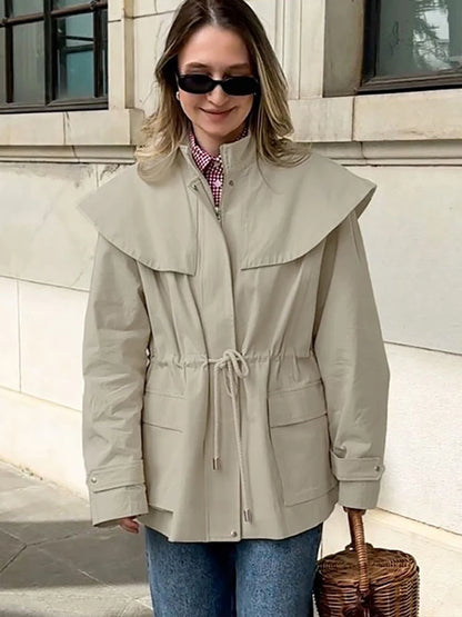 Women's Khaki  Drawstring Utility Style Jacket