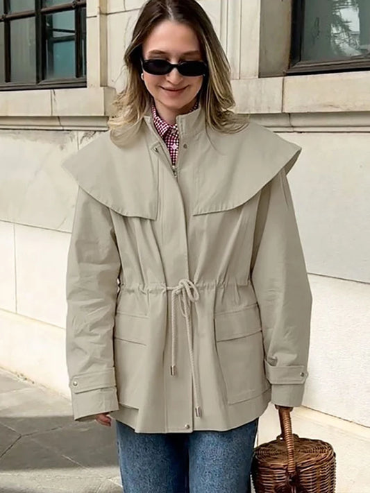 Women's Khaki  Drawstring Utility Style Jacket