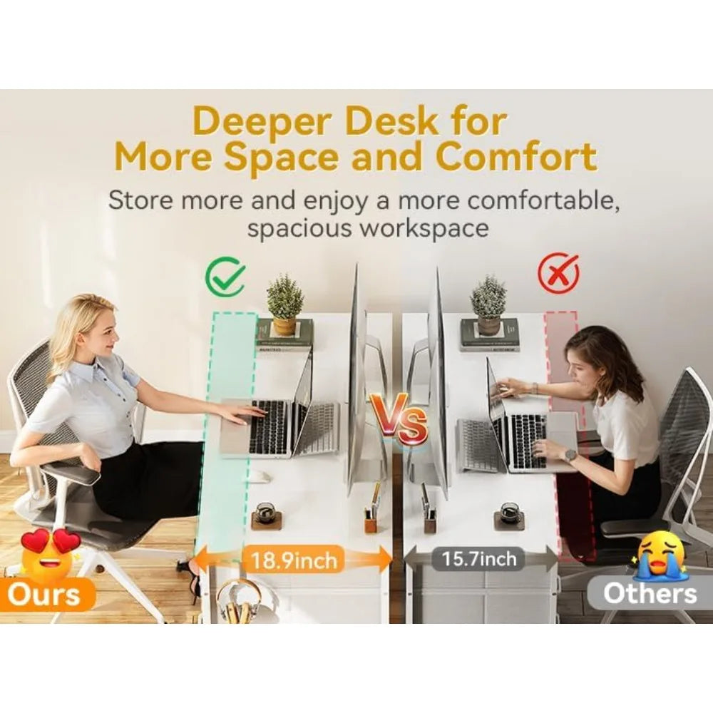 48-Inch White Desk with 8 Fabric Drawers for Modern Home Office.