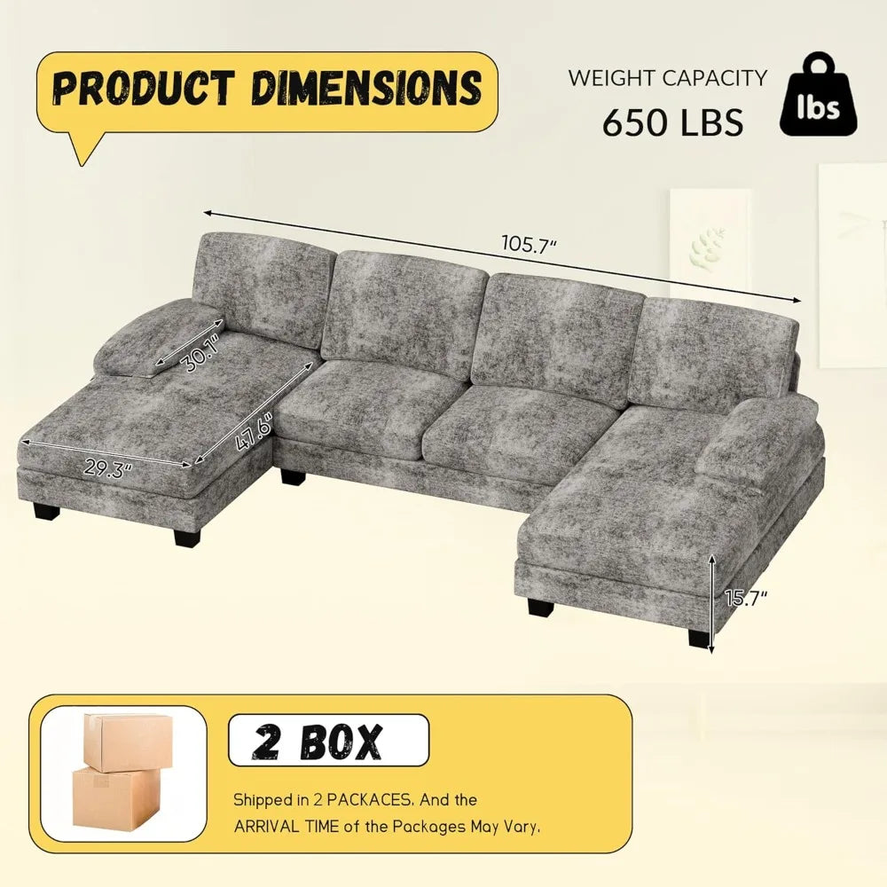 U-Shaped Sectional Sofa, 4-Seat Chenille Fabric Couch with Removable Pillows for Living Room, Apartment & Small Space (Grey)
