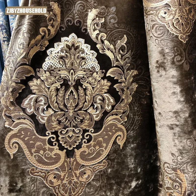 Curtains for Living Room, Dining, Bedroom, High Window Luxury Print Velvet Carved Gold