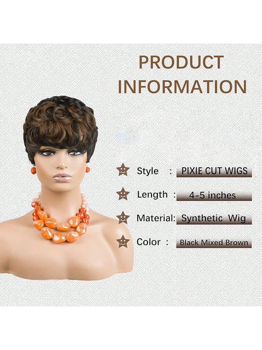 Short Pixie Wigs Short Brown Black Curly Pixie Wigs Synthetic Hair Wigs.