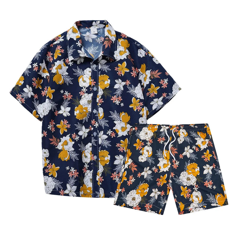 Hawaii collection beach style 2Pcs set 3D banana print summer suit short sleeve Shirt beach pants set.