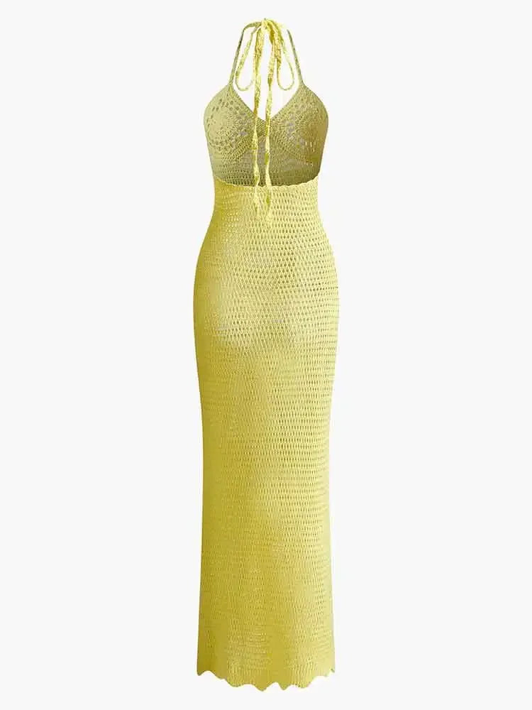 Solid Color Sexy Knit Cut Out Holiday Beach Dresses, Women 2025 Summer Sexy V-Neck  Maxi Dress.