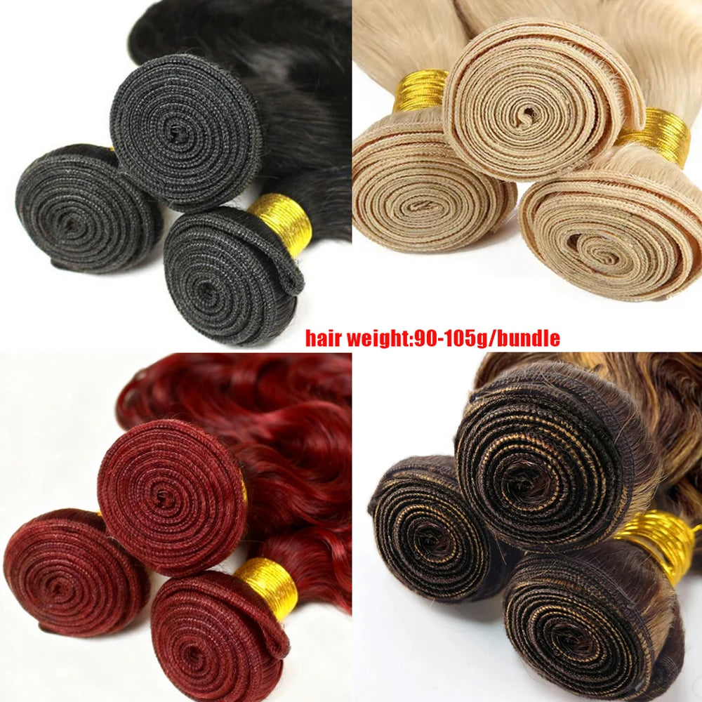 16A Colored 613 Human Hair Bundles, 100% Burgundy Raw Hair Weave Extensions Highlight, Body Wave Bundles Human Hair With Closure.