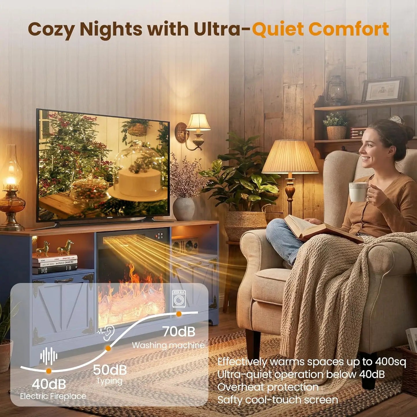 Fireplace TV Stand for Living Room, Farmhouse Entertainment Center with 23" Electric Fireplace for TVs UP to 65",, Customized.