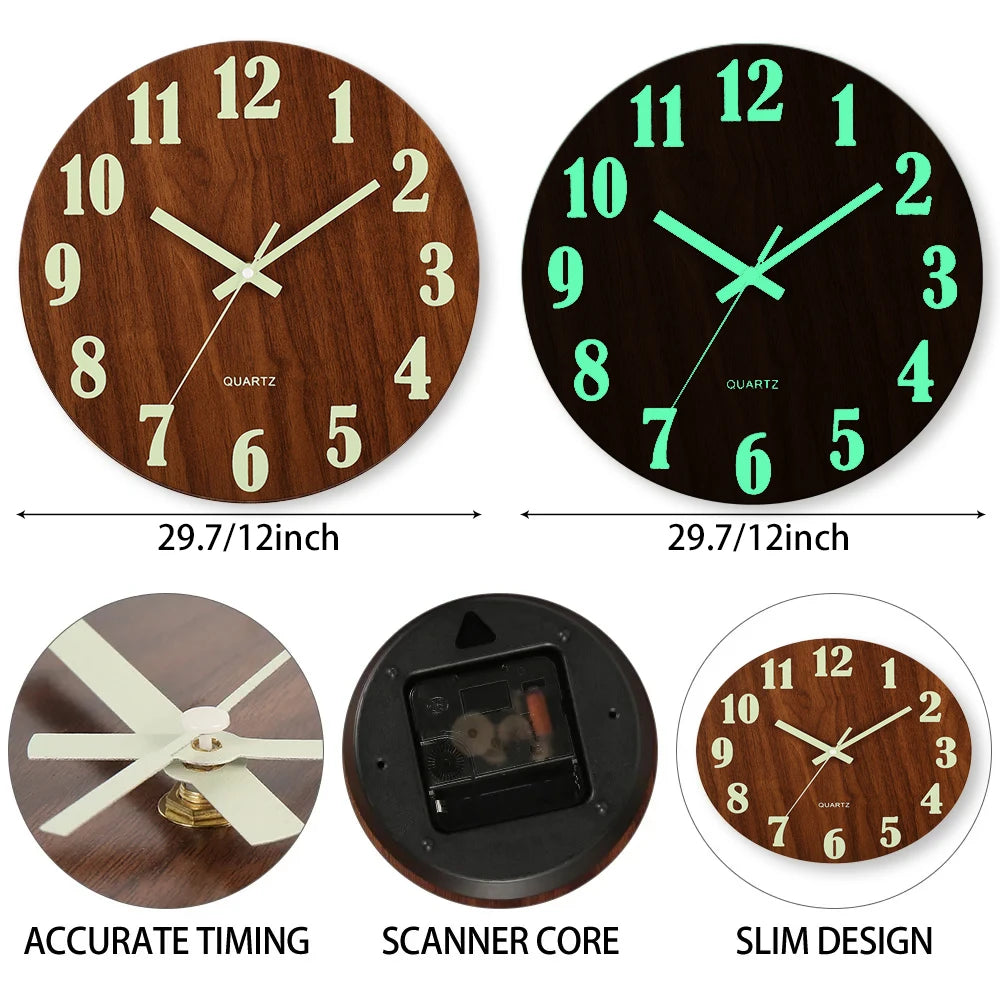 12 Inch Luminous Wall Clock Non Ticking  With Night Light