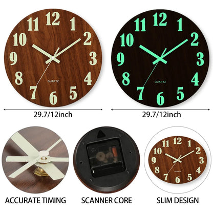 12 Inch Luminous Wall Clock Non Ticking  With Night Light