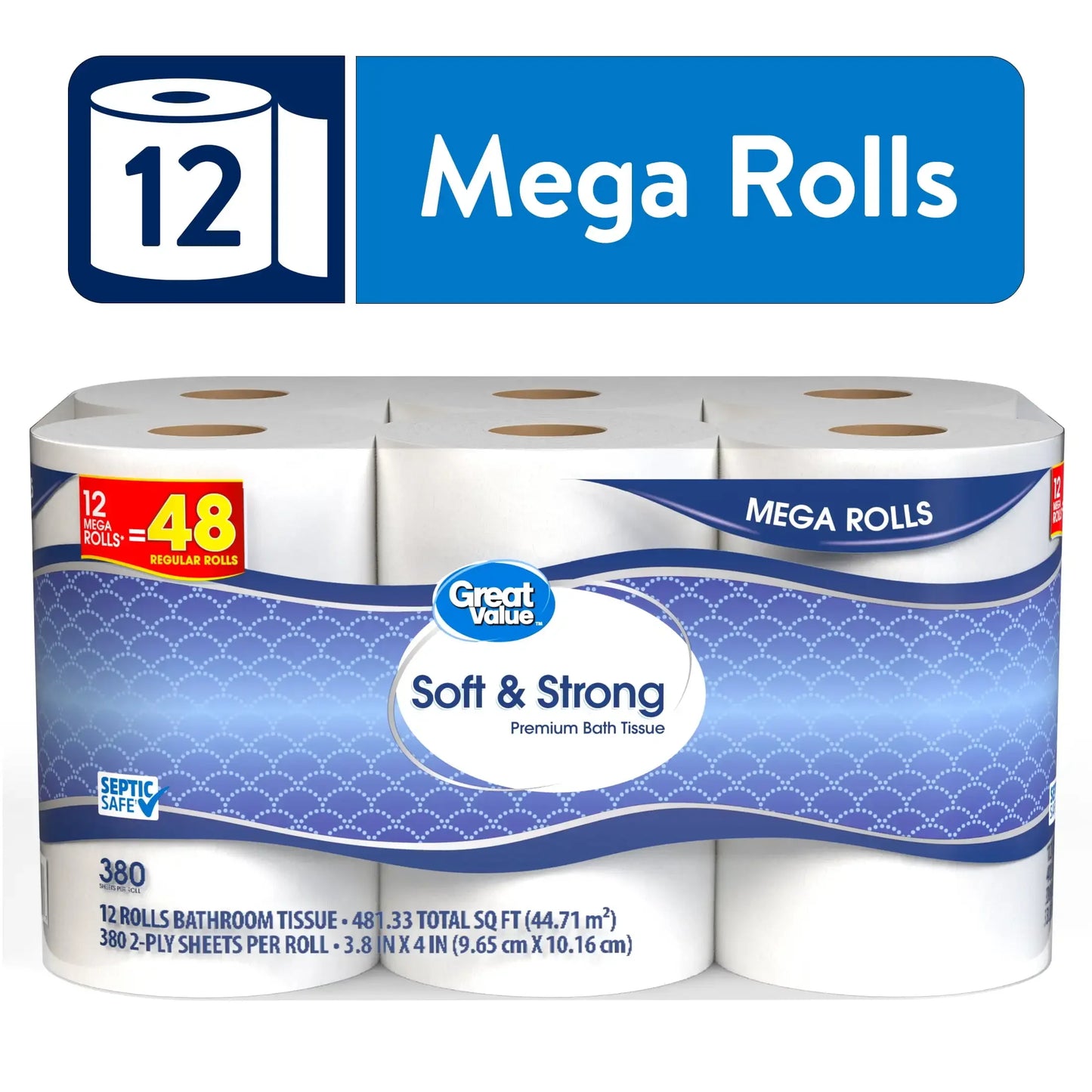 Soft & Strong Premium Toilet Paper 12 Mega Rolls, gentle on your skin.
