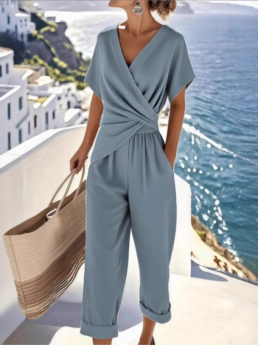 Women's 2 Piece Set Fashion V Neck Short Sleeved Shirt Irregular Pleated Top Casual Trousers.