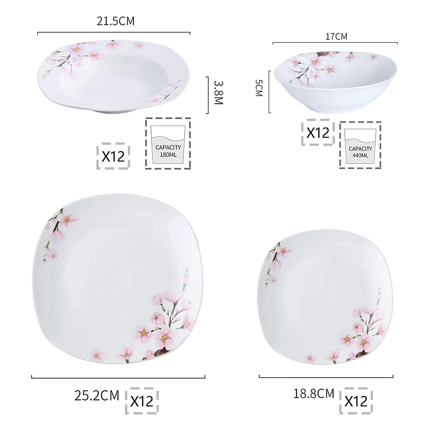48-Piece Porcelain Ceramic Tableware Dinner Plate Set with Bowl, Dessert Plate, Soup Plate, Dinner Plate for 12 Person.