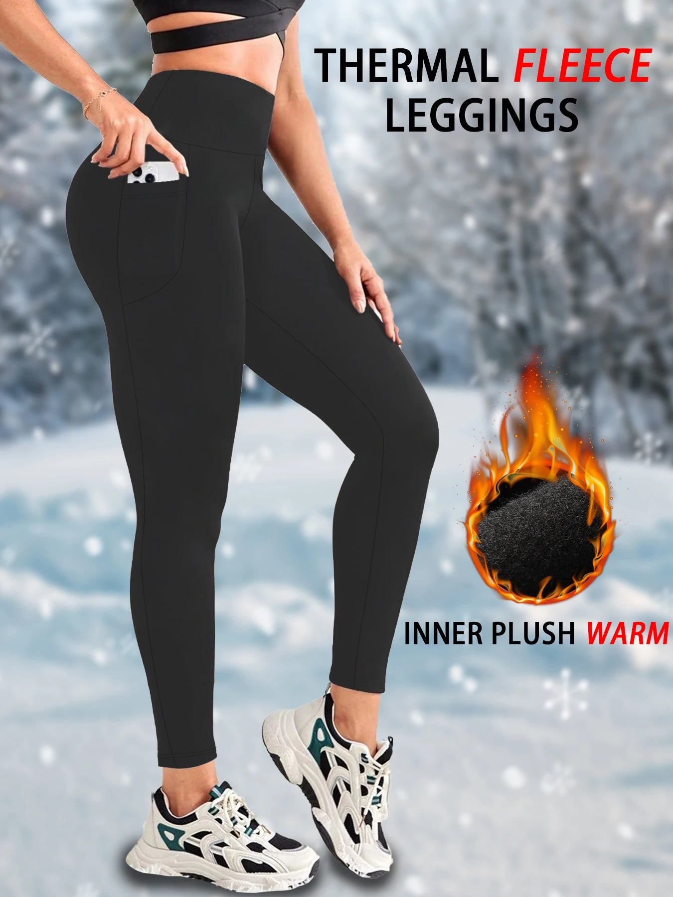 Women Thermal Fleece Lined, High Waisted with pockets, Thick Tights Running Pants.