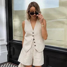 Women Two Piece Set Chic Button Vest Waistcoat +Short Sets Ensemble Femme 2 Piece.