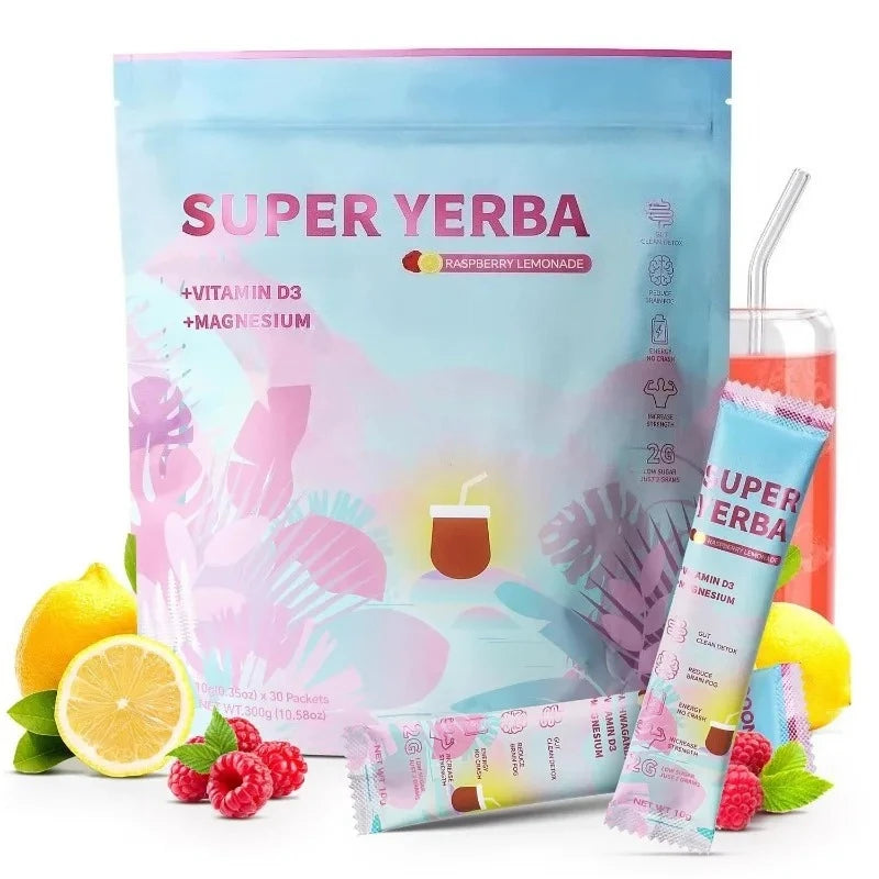 Yerba Instant Powder 30 Packets, Contain Raspberry Lemonade Flavor, Vitamin D3 Prebiotics Support Gut Clean and Provide Energy.