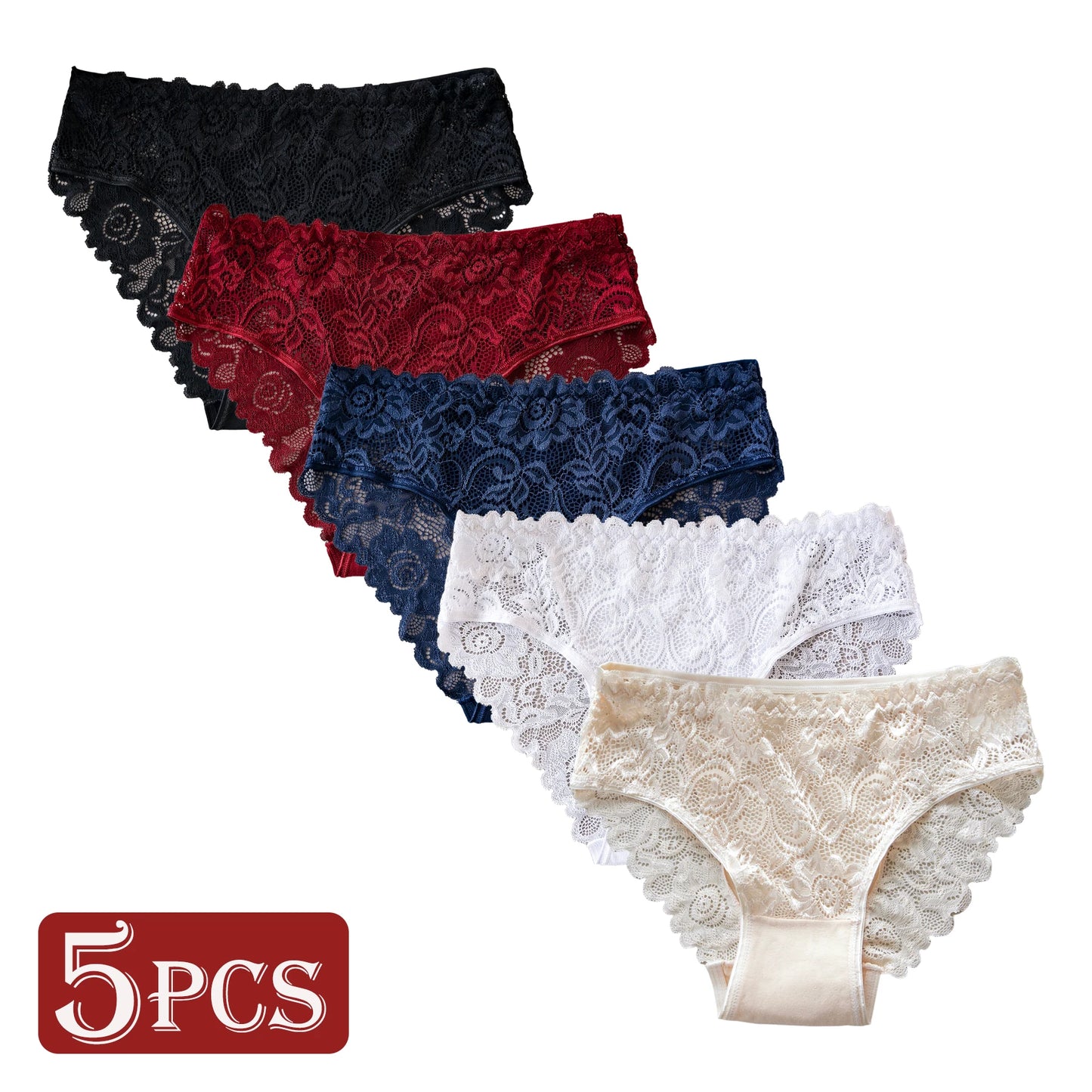 5PCS High End Lace Panties for Women, Pure Cotton Crotch Breathable Sexy Briefs Solid Color.