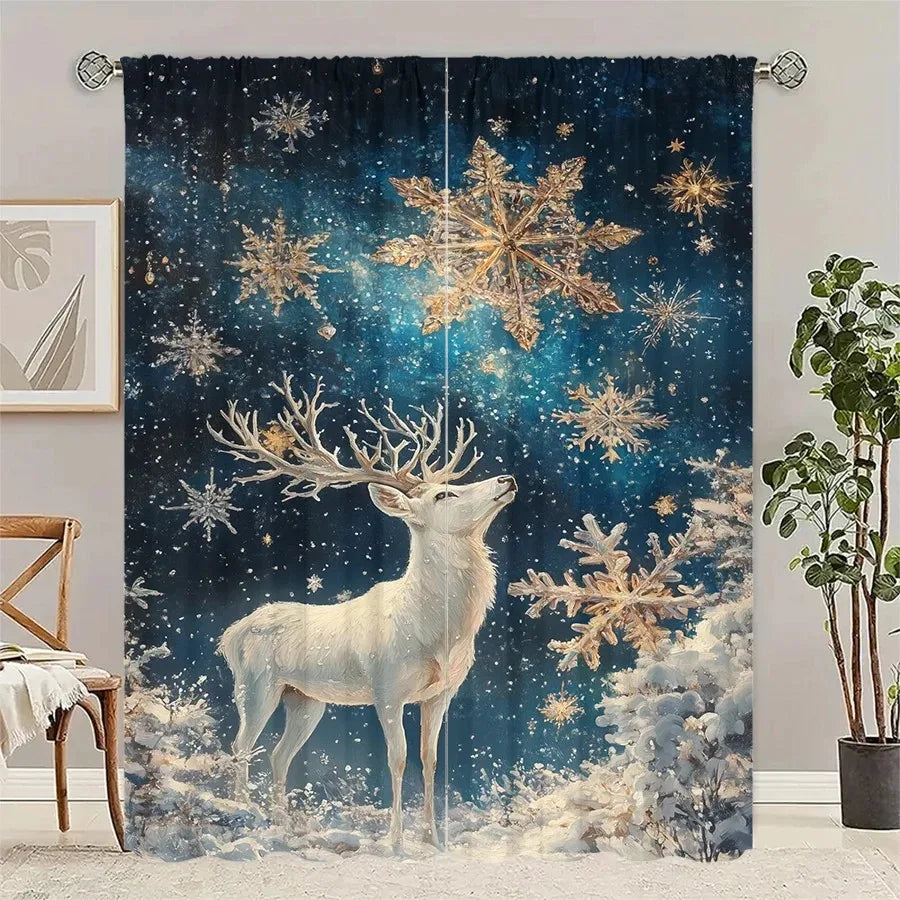 2pcs Sparkling Snowflake Deer Curtain, Winter Window Decor Polyester Drapes.