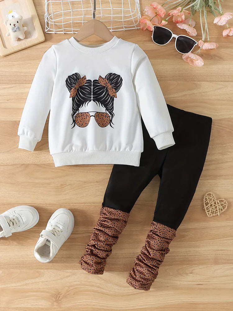 2-Piece Set for Girls: Autumn Portrait Print Round Neck Long-Sleeve Sweatshirt Pants Set.