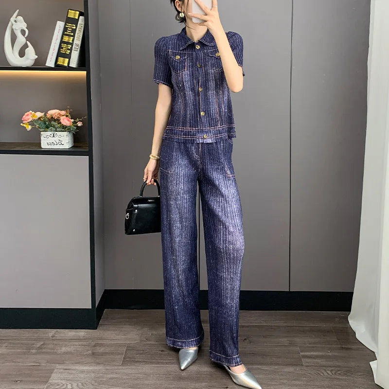 Denim Print Pleated Women's Two Pieces Set