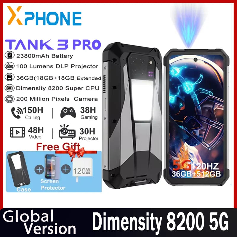 Tank 3 Pro 8849 Rugged Phones, 5G with 100 Lumens Projector 32/36GB 512GB 23800mAh, Waterproof 200MP Smartphones